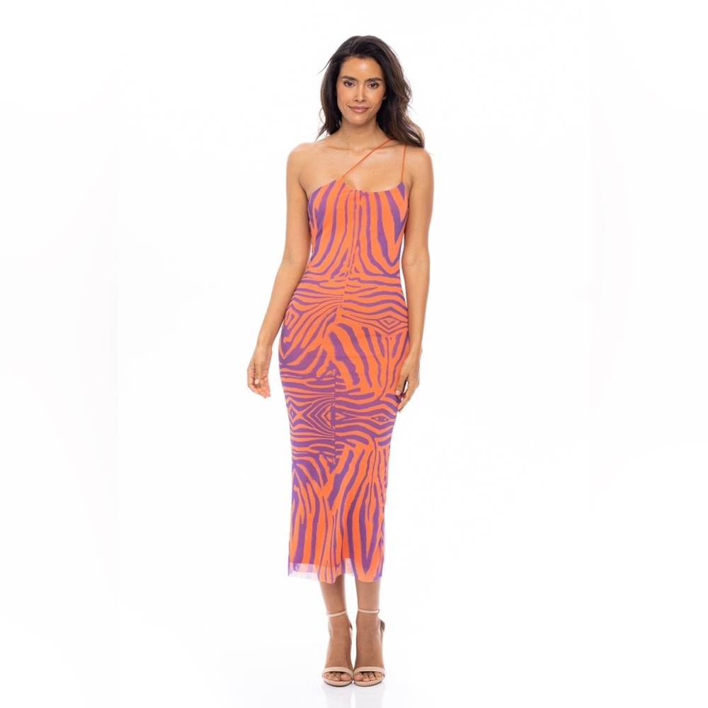 NWT AFRM mesh asymmetrical midi dress.  Orange and purple animal print.